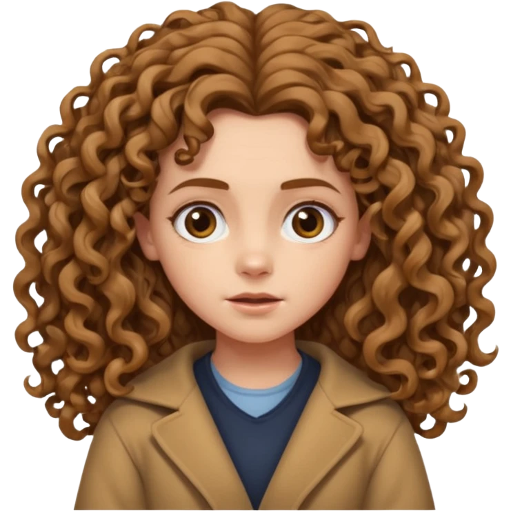 hermione shrugging, long light brown very curly voluminous hair, reaching below the shoulders, thick and full curls, messy natural texture, cartoon emoji style. emoji