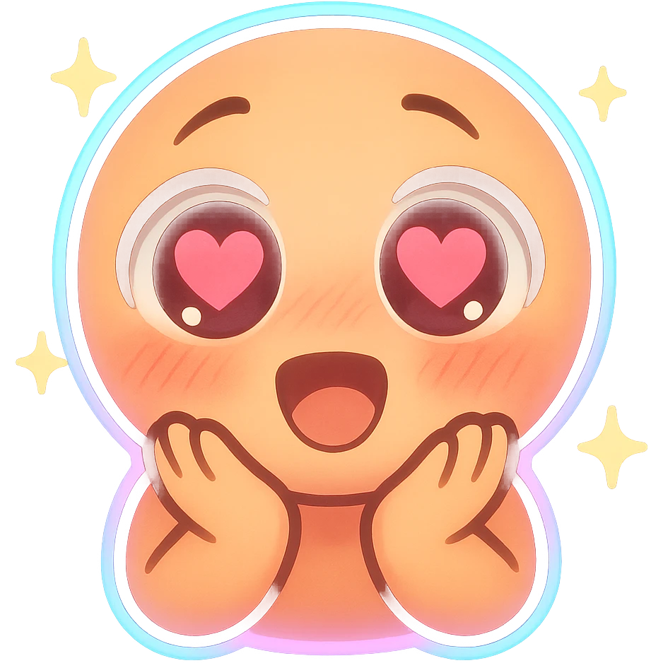 chibi emoji with wide eyes, heart-shaped pupils, soft lighting, blush cheeks, star sparkles, neon blue and pink glow, discord emoji size emoji