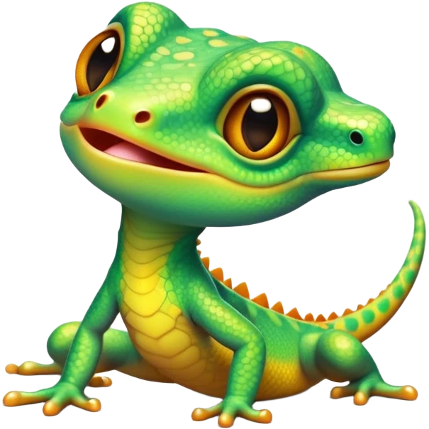 Cinematic Cute Gecko Portrait Emoji, Head tilted playfully and inquisitively, featuring a small, charming body with smooth, vividly patterned scales, bright, sparkling eyes and delicate, sticky toe pads, Simplified yet irresistibly adorable features, highly detailed, glowing with a warm, inviting glow, high shine, affectionate and lively, stylized with a touch of tropical whimsy, soft glowing outline, capturing the essence of a mischievous yet loving gecko that appears ready to dart out of the screen into your heart! emoji