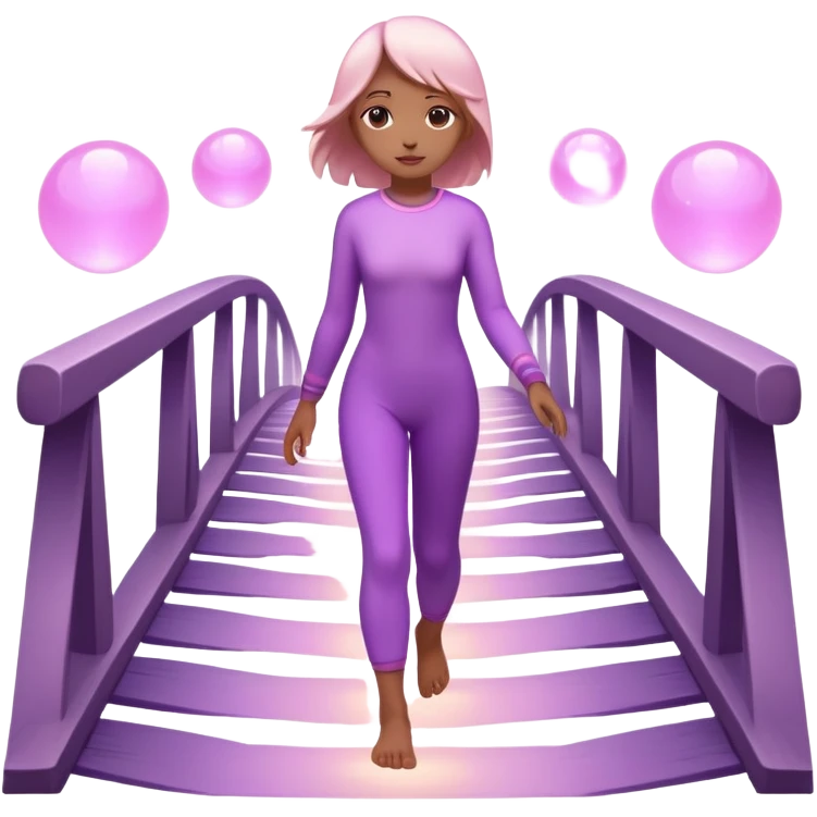
A small figure walks across a glowing bridge, holding soft pink and purple orbs in each hand—symbolizing compassion and forgiveness. A gentle heart aura trails behind them, showing healing in motion. emoji