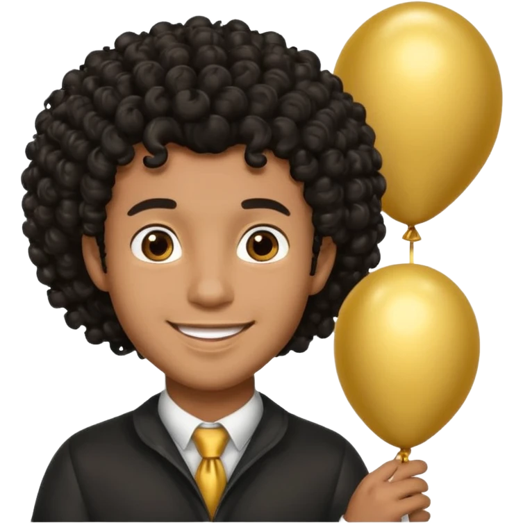 brown skin, black curly hair man hold gold balloon emoji