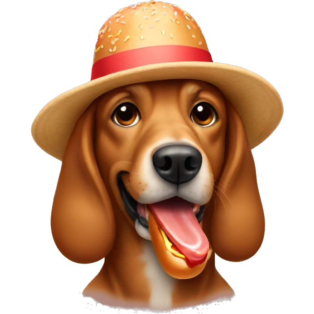 Brown dog with a hat eating a hotdog emoji