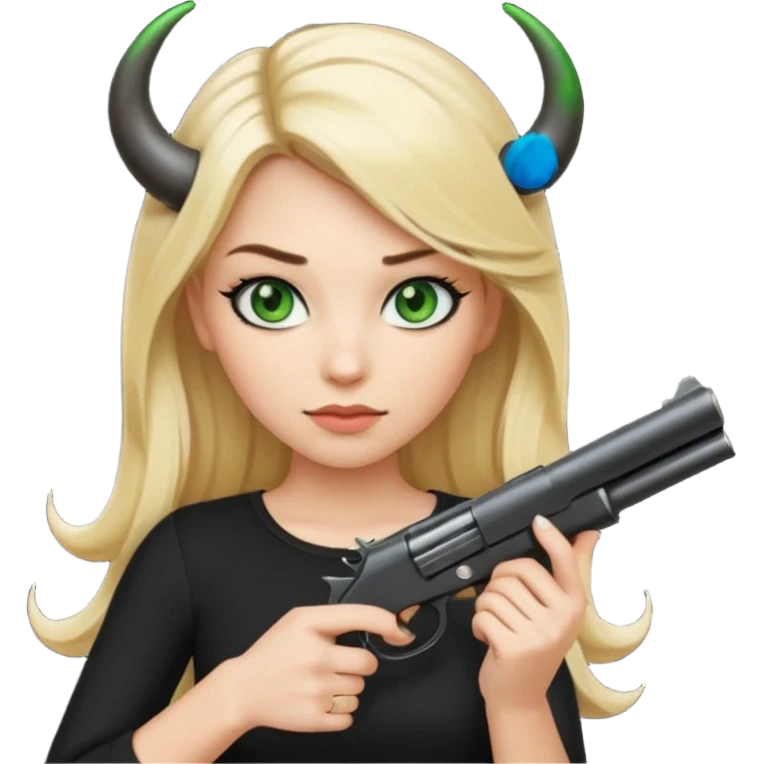 Emoji femme blonde cheveux blond, yeux vert avec de long cils noir qui porte un pistolet et à des cornes  emoji