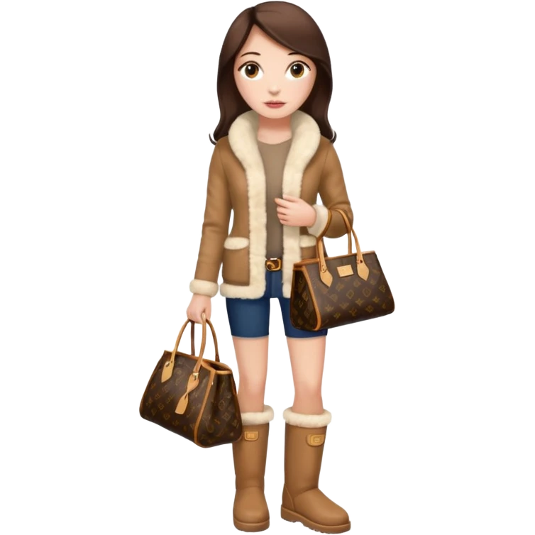 Woman standing with a luxury LV handbag wearing UGG boots.  emoji