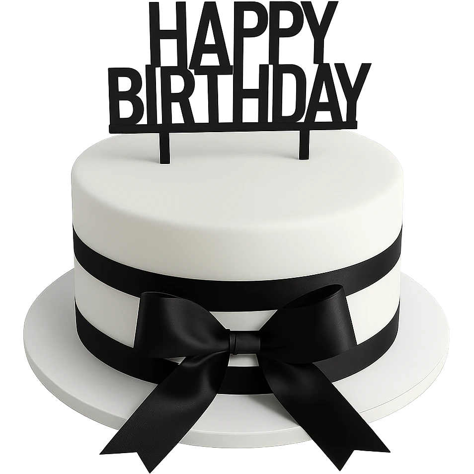white birthday cake with black ribbons, remove background emoji