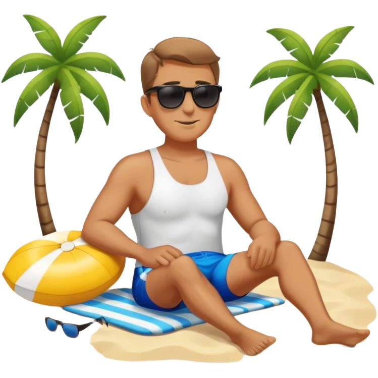 Man relaxing on beach with sunglasses and swim shorts emoji