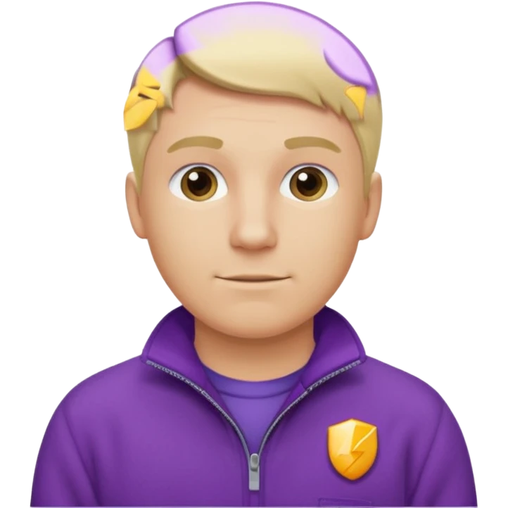 Crea un emoji de un electricista, hombre rubio con pelo corto hacia al lado, sin gafas, con forro polar morada y nombre empresa INDYDES emoji