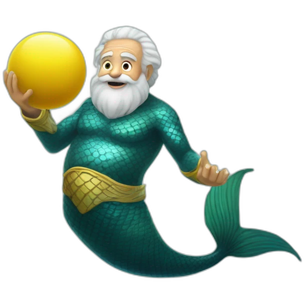 Underwater happy old and bold man mermaid swimming, snorkel equipement, holding a small yellow ball, winning enthousiasm with kungfu pose emoji