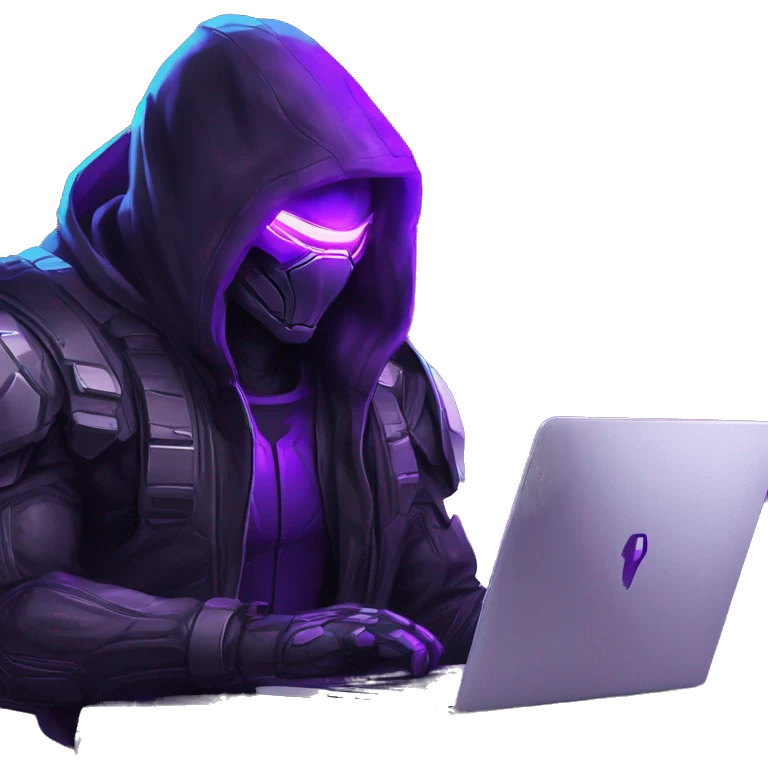 Side view developer behind his laptop with this style : crysis Cyberpunk Valorant neon glowing bright purple character purple violet black hooded assassin themed character emoji