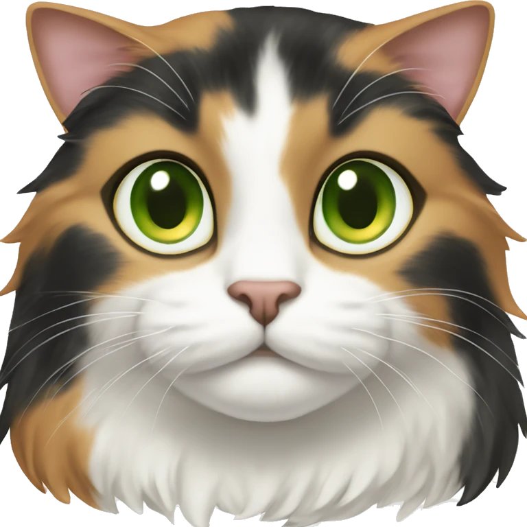 This cat has a calico coat with black, orange, and white fur. It has green eyes, white paws, and a curious look. emoji