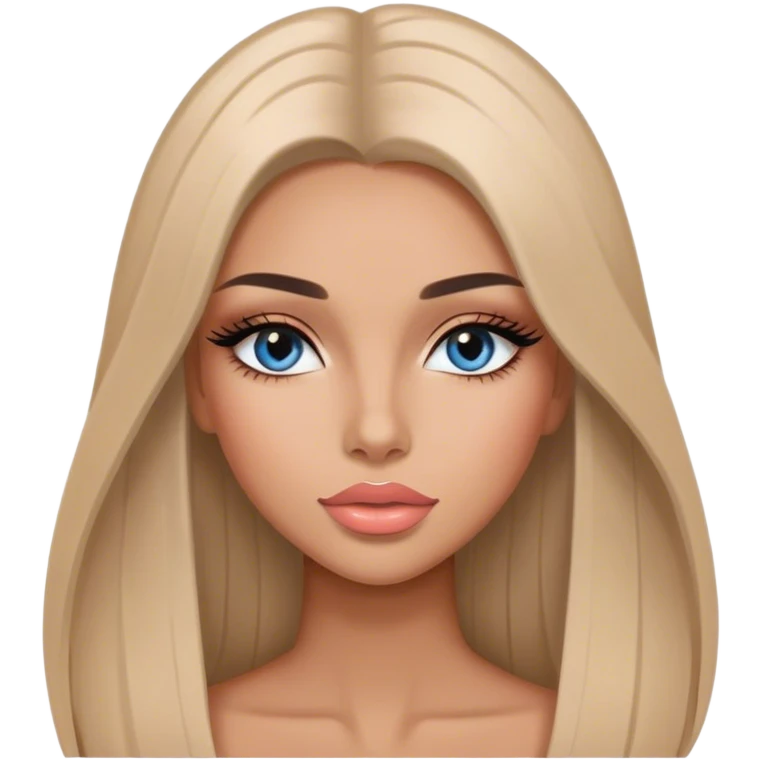 Glamours, tanned, very beautiful girl, with big pump peach-beige-rose lips, long long lashes, black straight smooth silky long hair, straight parting hair, blue-grey eyes emoji