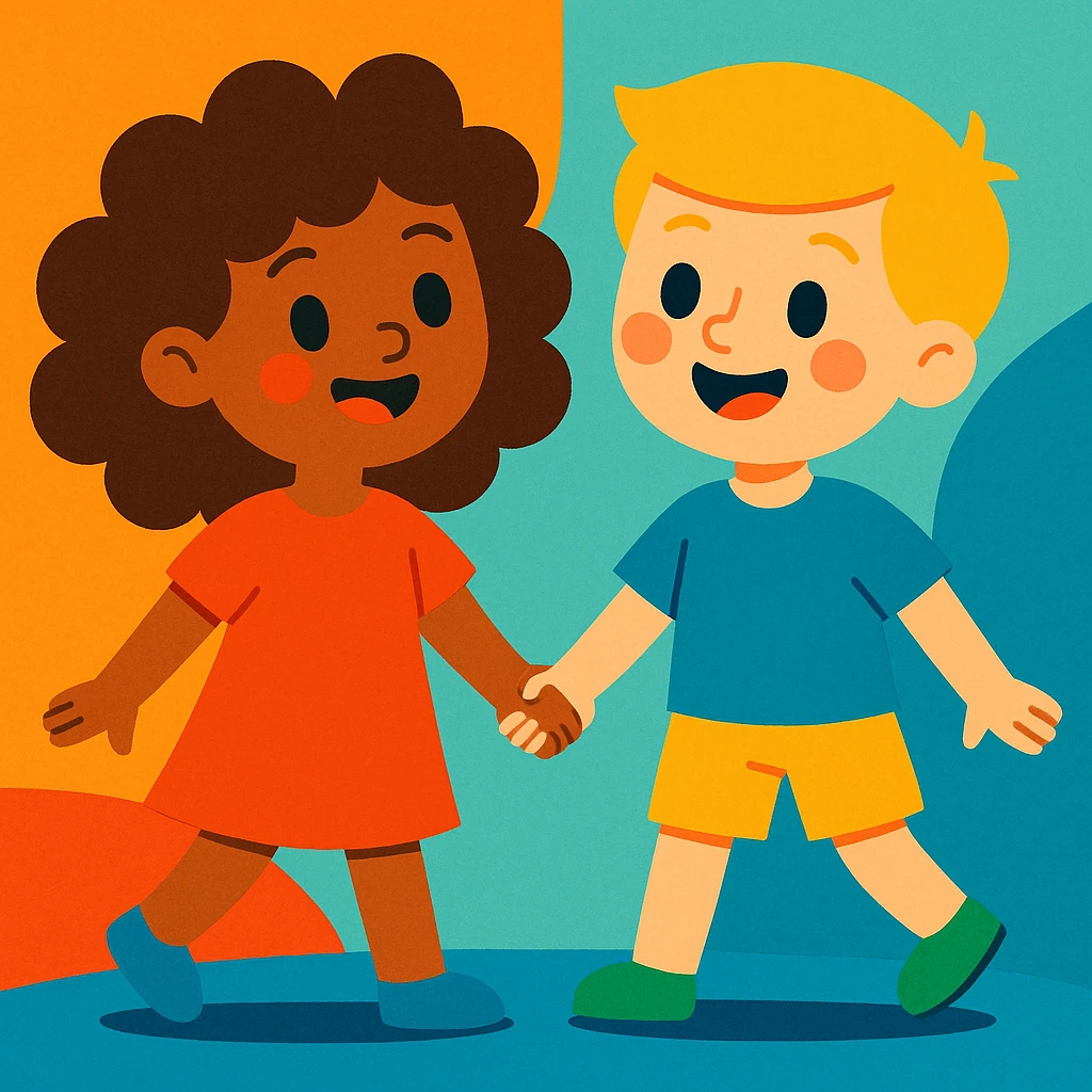 brunette curly haired girl and blonde boy holding hands, vibrant and friendly style emoji