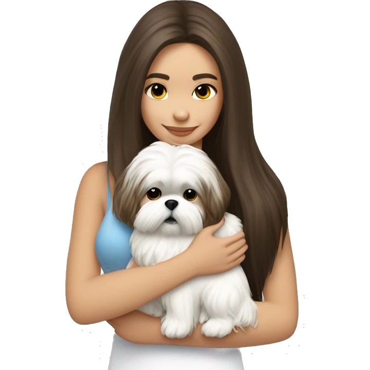 Brunette girl long hair, hugging her white Shih tzu emoji