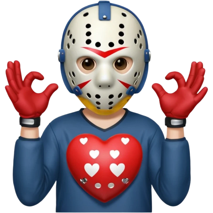 Jason Voorhees, looking cute, making a heart with his hands emoji