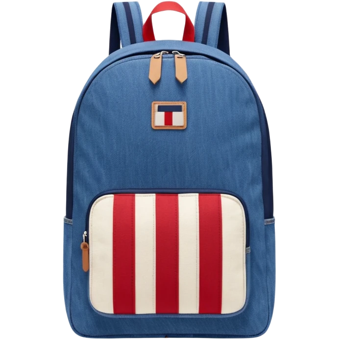 denim backpack with bold red, white, and navy vertical stripes, minimal and flat design, front view, inspired by Tommy Jeans style."
 emoji