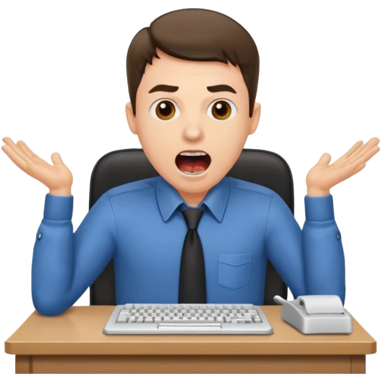 man at desk, mouth open shouting, typing fast emoji