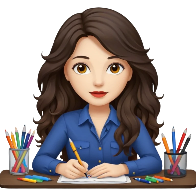 female dark wavy long hair graphic designer , color wheel, pens, papers, desktop emoji