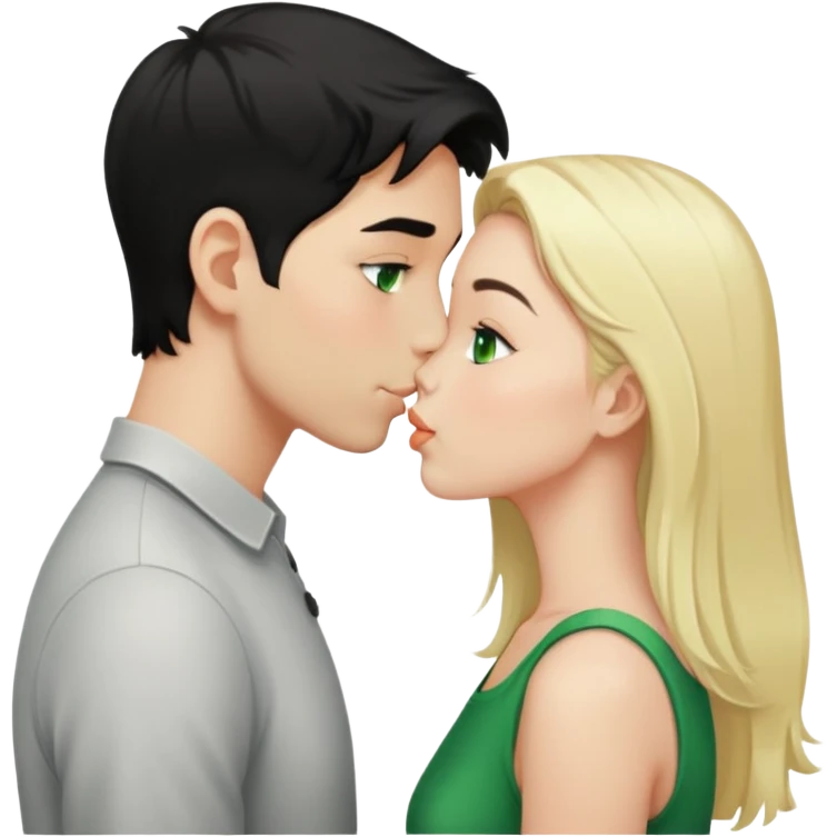 Kissing couple of boy with short black hair and green eyes and blonde girl with long hair emoji