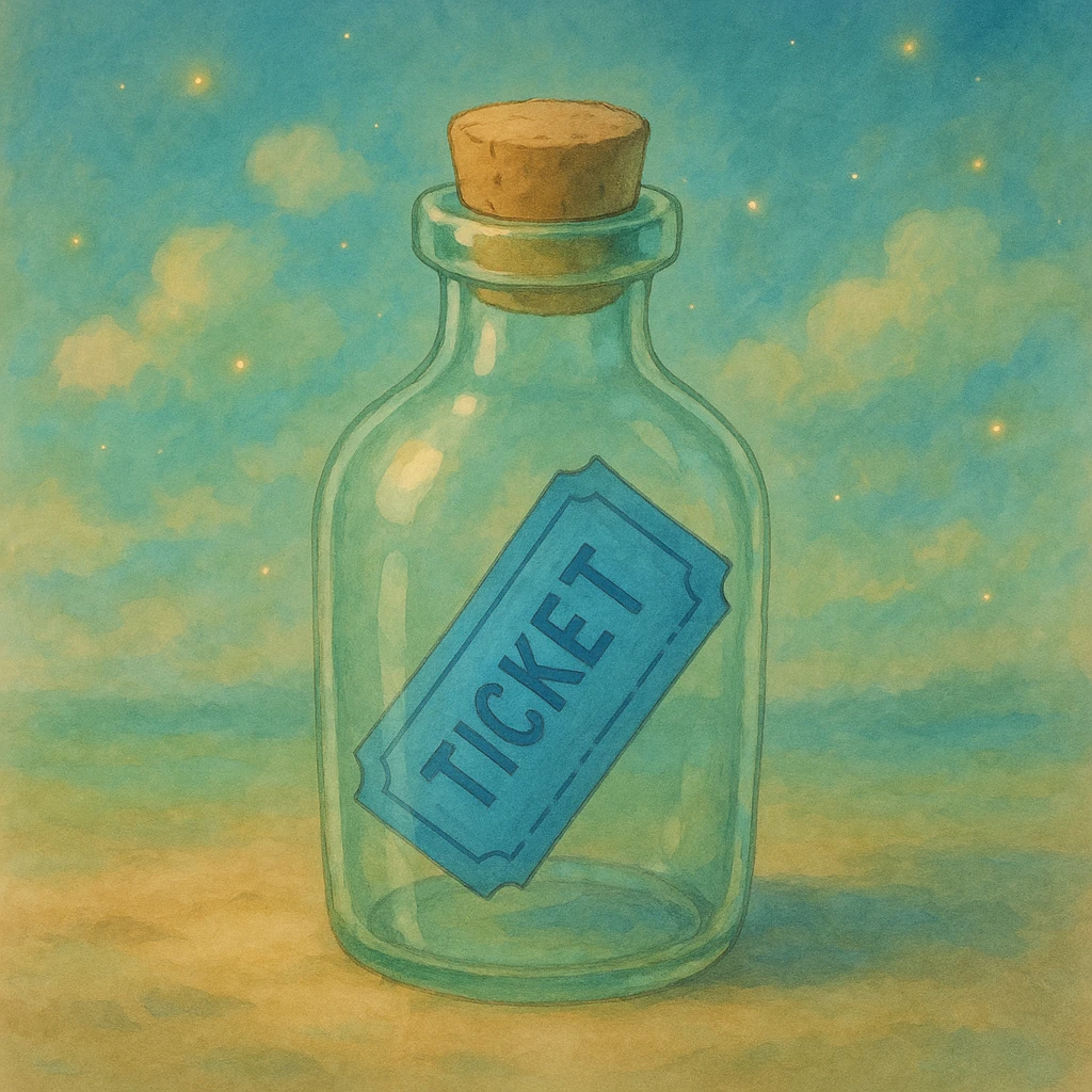 blue ticket inside a bottle with soft lighting and dreamy atmosphere ghibli style emoji