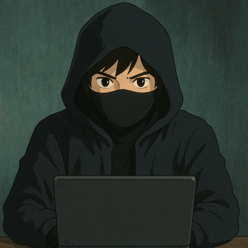 A vigilante hacker in dark clothing behind the labtop view from the front emoji