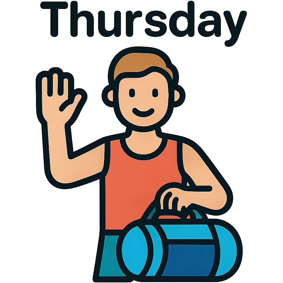 a sportsman holding his gymbag waving his hand goodbye. The word Thursday is above the sportsman emoji