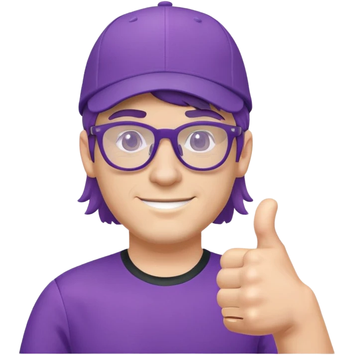 Man with cap, purple jersey, glasses, mullet hairstyle, thumbs up emoji