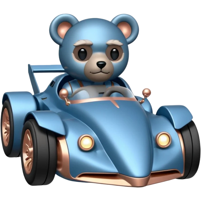  Metallic blue and rosegold-accented  racing car for furry-faced grey bearded evil alien scary robot teddy bear and passenger with custom aero body and rear spoiler  emoji