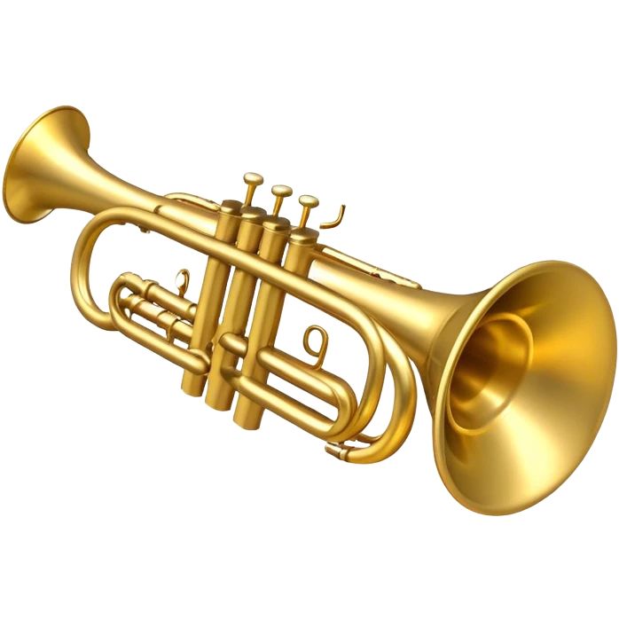 Create a sleek and polished emoji representing the Brahner trumpet. The design should feature the shiny brass body of the trumpet, with its distinct bell shape and coiled tubing. Highlight the three smooth, finger-operated valves, and the mouthpiece at the top of the instrument. The finish of the trumpet should be a rich, golden brass tone with subtle reflections, giving it a polished and professional appearance. Add musical notes or soundwaves around the bell of the trumpet to evoke its bold and brassy sound. Use golden, brass, and silver tones to emphasize the vibrant, high-quality design of the trumpet. The background should be transparent. emoji