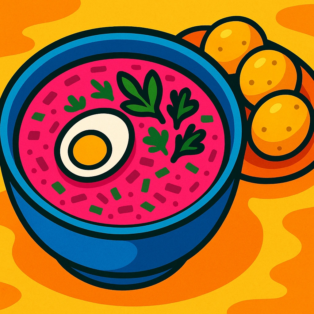 pink soup with egg and greens inside, boiled potatoes by its side, vibrant cartoon style emoji