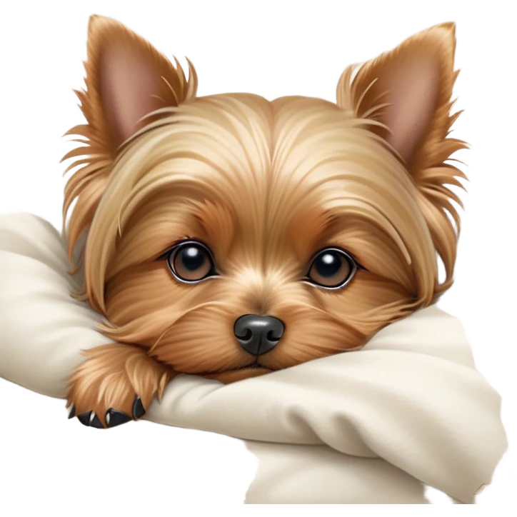Meme-Worthy Cute Sleeping Yorkshire Terrier Portrait Emoji, Head resting gently with a peaceful, contented expression and softly closed, dreamy eyes, featuring a well-groomed, silky fur in rich hues, simplified yet irresistibly endearing, highly detailed, glowing with a gentle, drowsy radiance, high shine, exuding relaxed, heart-melting charm, styled with a soft glowing outline, capturing the essence of a sleeping Yorkshire Terrier that looks as if it could drift off into a sweet, meme-worthy slumber! emoji