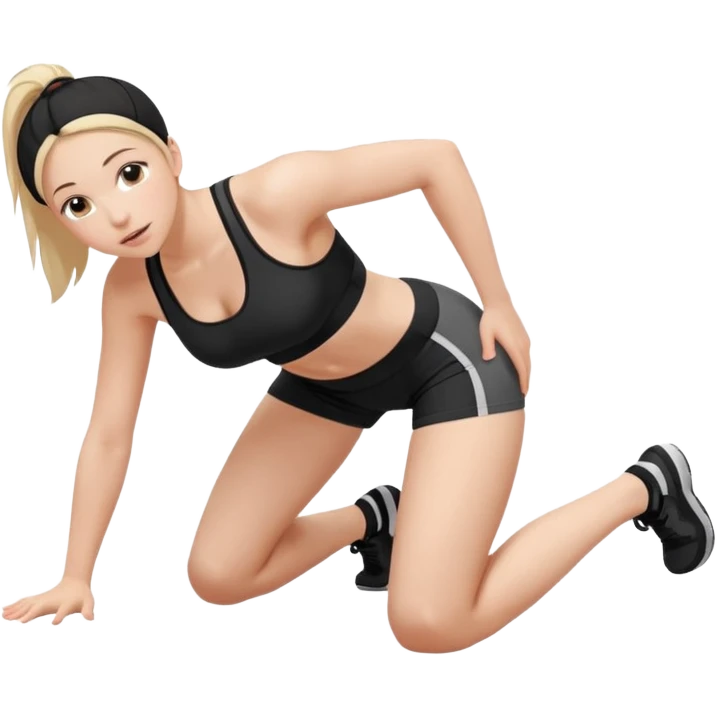 a young woman on all fours, head on the floor, arched back and ass up. emoji