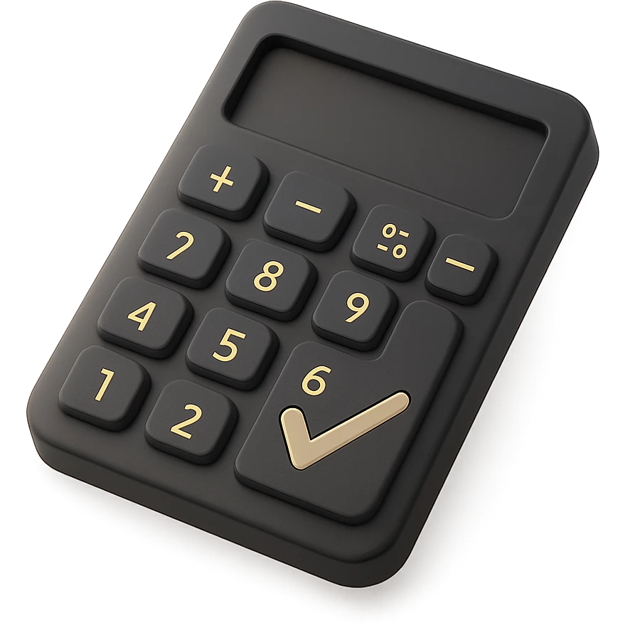3D black style calculator with a check mark integrated into calculator buttons emoji