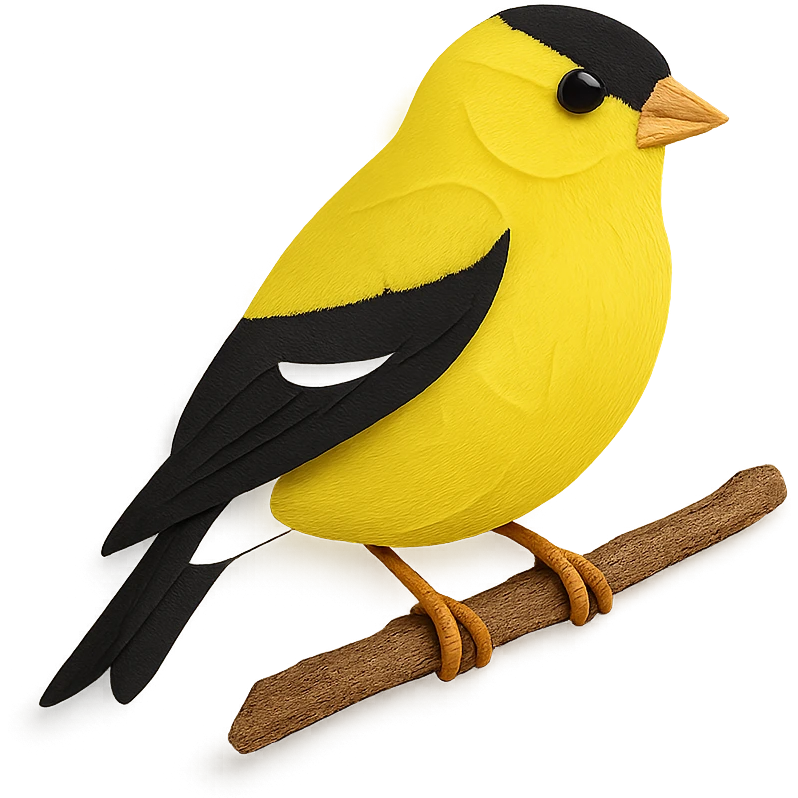 close-up of an American Goldfinch perched on a tree branch, fine paper edges, bright yellow feathers, black wings, soft white belly emoji