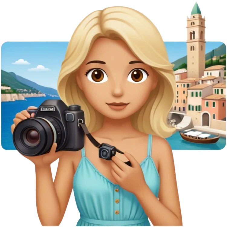 Luxury blonde model, brown eyes, honeymoon traveling in italy emoji