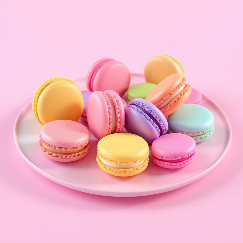 3D model of colorful macarons arranged on a plate, smooth realistic textures, vibrant pastel colors, iOS 18 Flux Pro style emoji