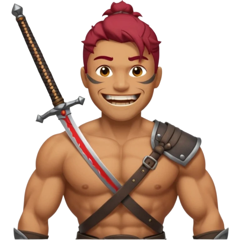 Haz que tenga una sonrisa epica una cicatriz en el ojo serrado y una espada entre los dientes y dos más a cada lado. emoji