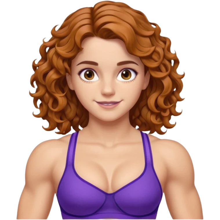 big biceps, muscled torso, very beautiful italian happy girl, looking like Emma Watson, with wavy curly bright hazelnut hair, dressed in violet bra sports outfit, very muscled emoji