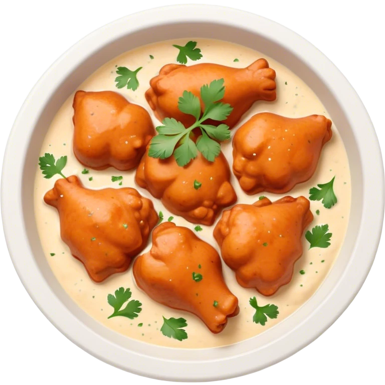 Butter Chicken Cinematic Realistic Butter Chicken Dish Emoji, depicted as tender chicken pieces sliced up and bathed in a creamy white sauce garnished with fresh cilantro, rendered with rich textures and vibrant, appetizing lighting. emoji