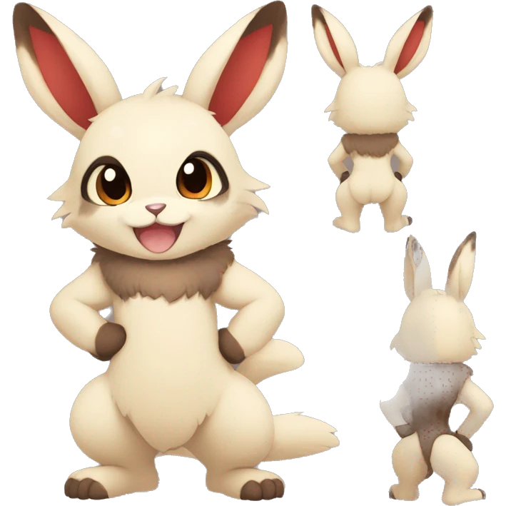 Cute, Chibi, Kemono-style, Anthro, Fur-Sona, Dark-Brown, Normal-type-Ground-type Tan-Rabbit-Fakémon with Dark-Red eyes, beige belly, beige paws, beige feet, beige freckles, full body emoji