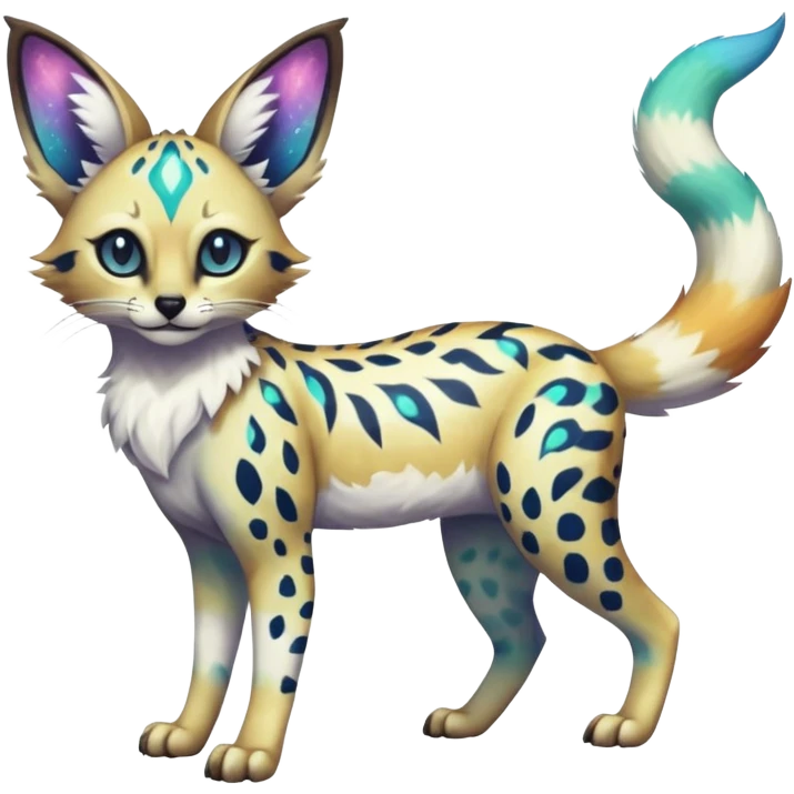 Rare iridescent white exotic epic aesthetic colorful Trico-Eevee-Serval-Genet-Civet-species-Fakemon-hybrid-creature, with intricate tattoo markings, full body emoji