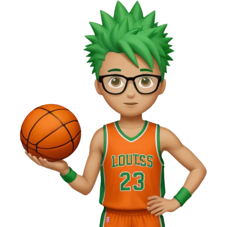 Green-Haired Athlete – Green spiky hair, orange basketball uniform, glasses, holding ball.


 emoji