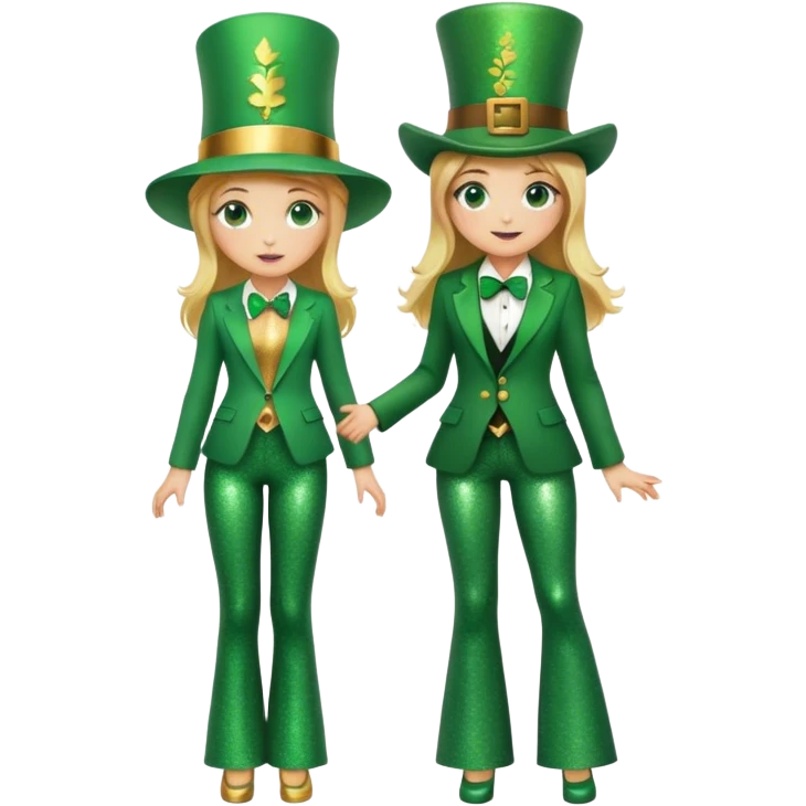 Blonde haired girl in glittery green bell bottoms and tall leprechaun hat and blazer emoji