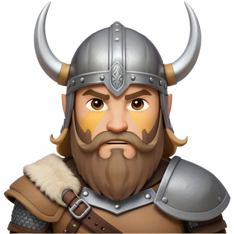 Clash of Clans aesthetic: Cinematic Fierce Viking Portrait Emoji, Poised and bold with a rugged yet stylized build, wearing a simple horned helmet and sporting a neatly trimmed beard, his face rendered in a natural skin tone, intense eyes reflecting fierce determination, Simplified yet dynamic features, highly detailed, glowing with a cool, battle-ready radiance, high shine, brave and resolute, stylized with an air of ancient Nordic valor, focused and commanding, soft glowing outline, capturing the essence of a fearless Viking adventurer ready to set sail on epic quests! emoji