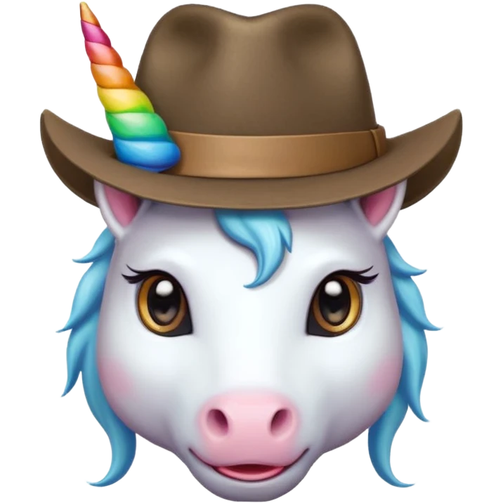 unicorn face cute wearing fedora, horn piercing through the hat looking in the camera emoji