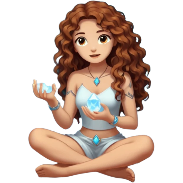 full body woman long curly brown hair brown eyes white skin tattoos sitting inside crystal cave opening, touching glowing quartz emoji