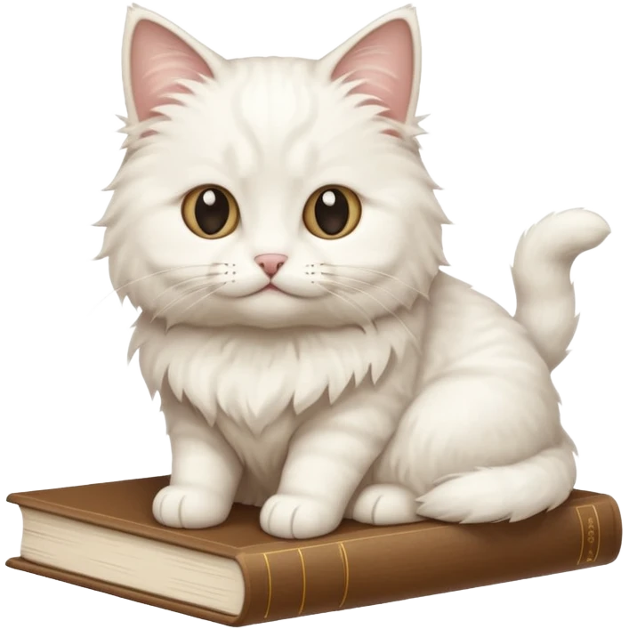 A white fluffy cat sits on top of a beige book emoji