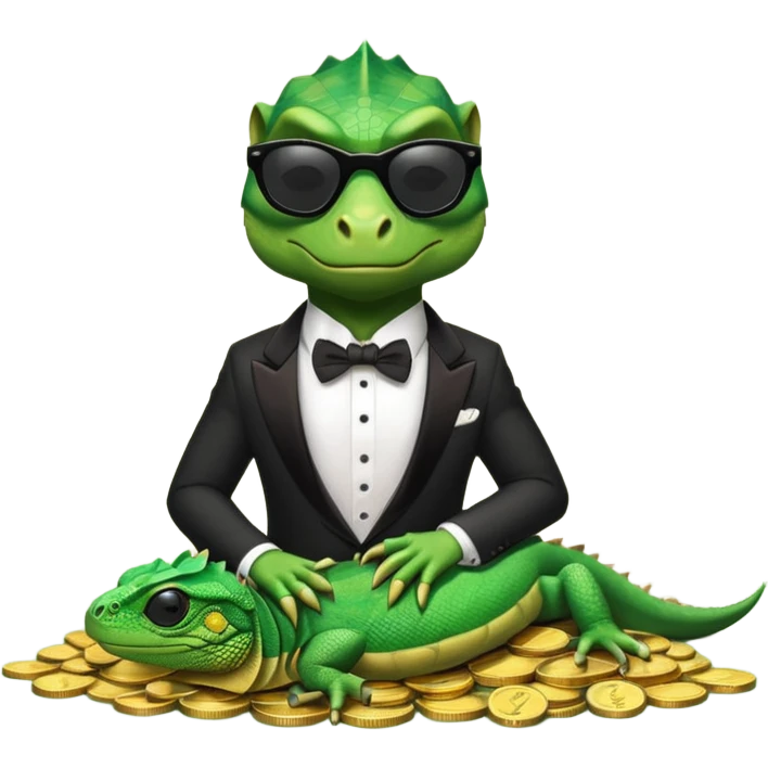 capitalist iguana banker in tuxedo and black sunglasses lying comfortly on coins emoji