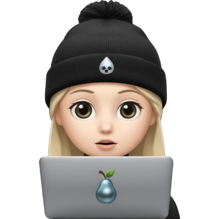 Apple-style Memoji face with big eyes and black beanie, holding silver laptop covering mouth with solid black pear logo (no bite), clean soft lighting, simple round background. emoji