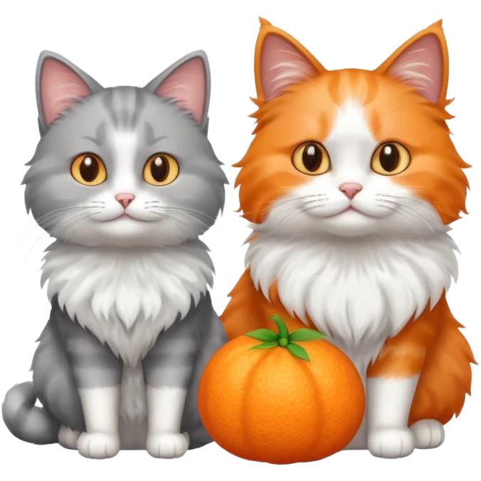 a realistic looking very fluffy grey and white cat sitting next to another cat emoji