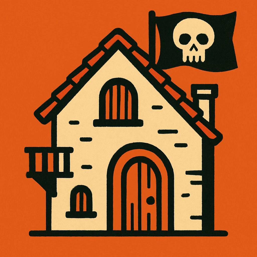 old pirate's house with skull flag emoji
